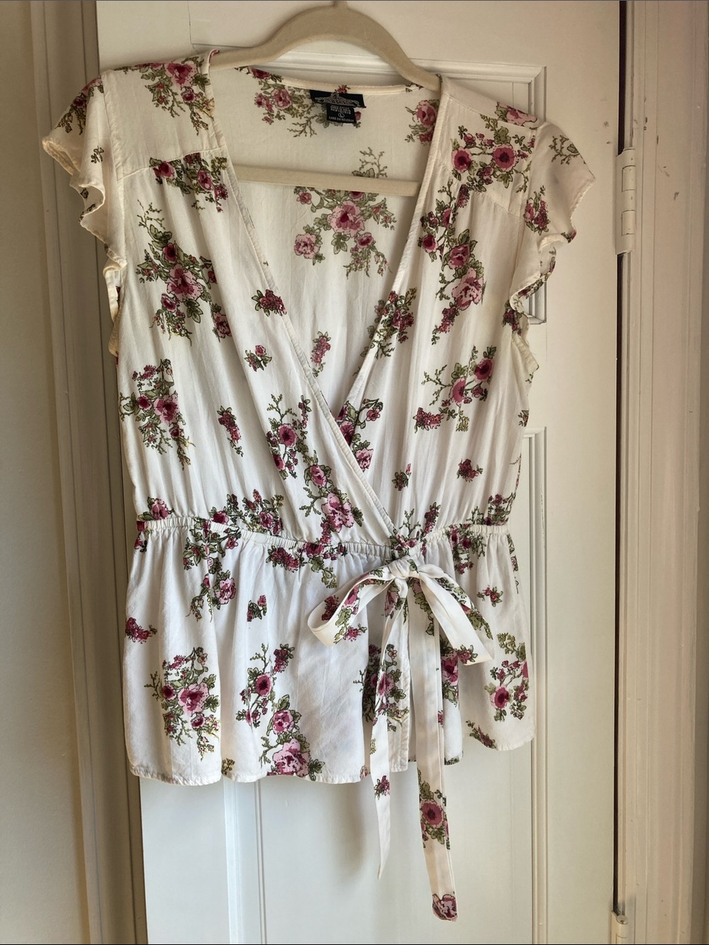 Angie White Floral Wrap Peplum Top with Pink Roses